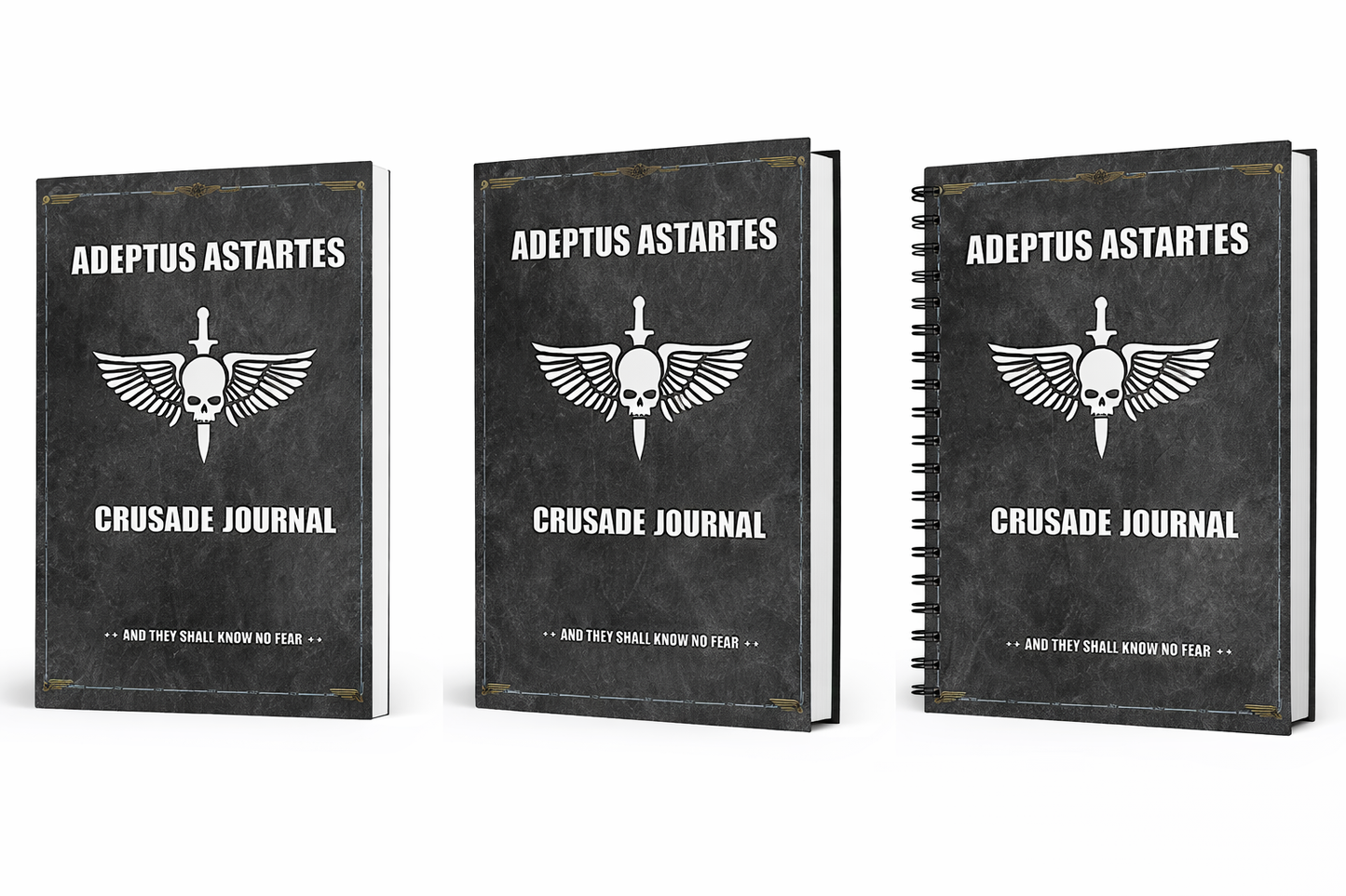 Three 'Adeptus Astartes Crusade Journal' books with a black and white design on a white background.