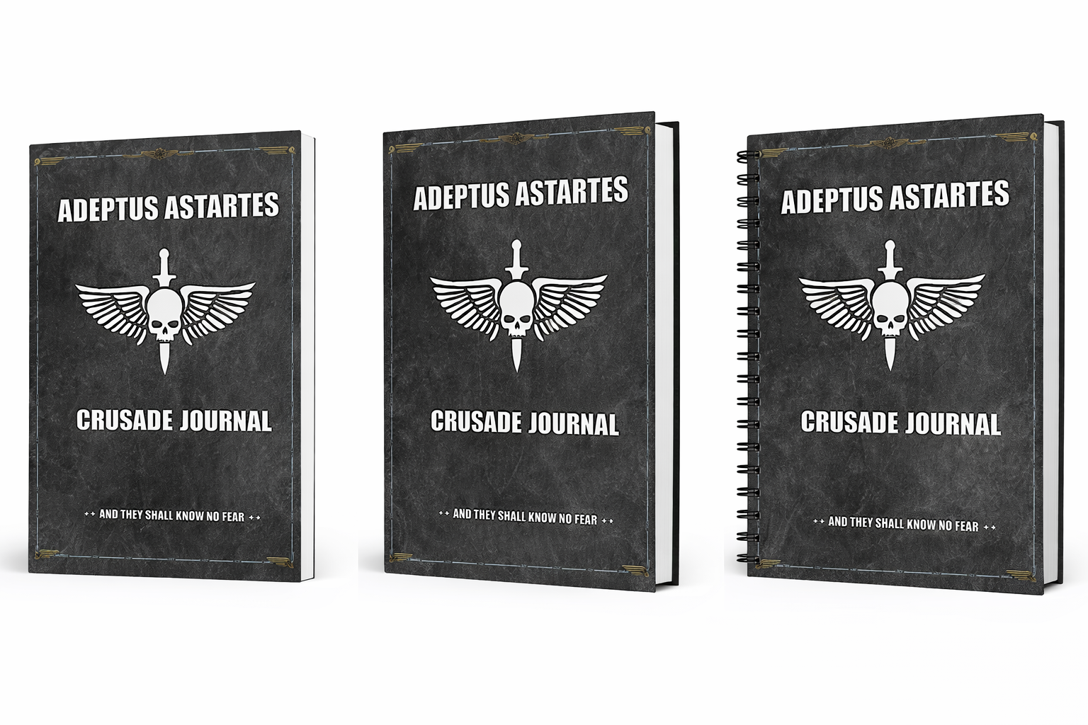 Three 'Adeptus Astartes Crusade Journal' books with a black and white design on a white background.