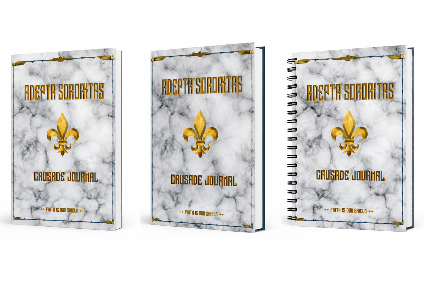 A4 crusade campaign journal mockup showing paperback, hardcover and coilbound versions