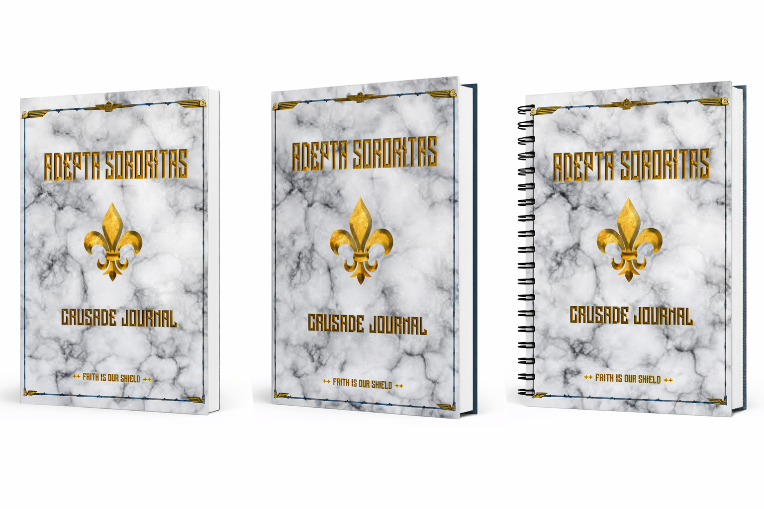 A4 crusade campaign journal mockup showing paperback, hardcover and coilbound versions