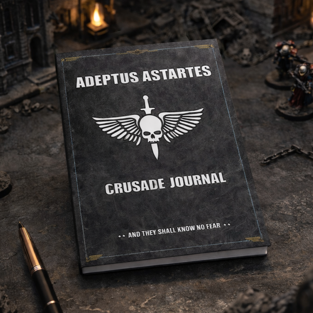 Book titled 'Adeptus Astartes Crusade Journal' on a dark surface with miniature figures in the background.