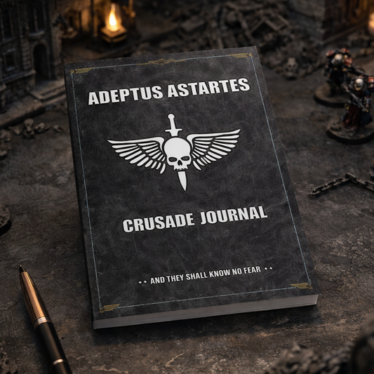 Book titled 'Adeptus Astartes Crusade Journal' on a dark surface with miniature models in the background.