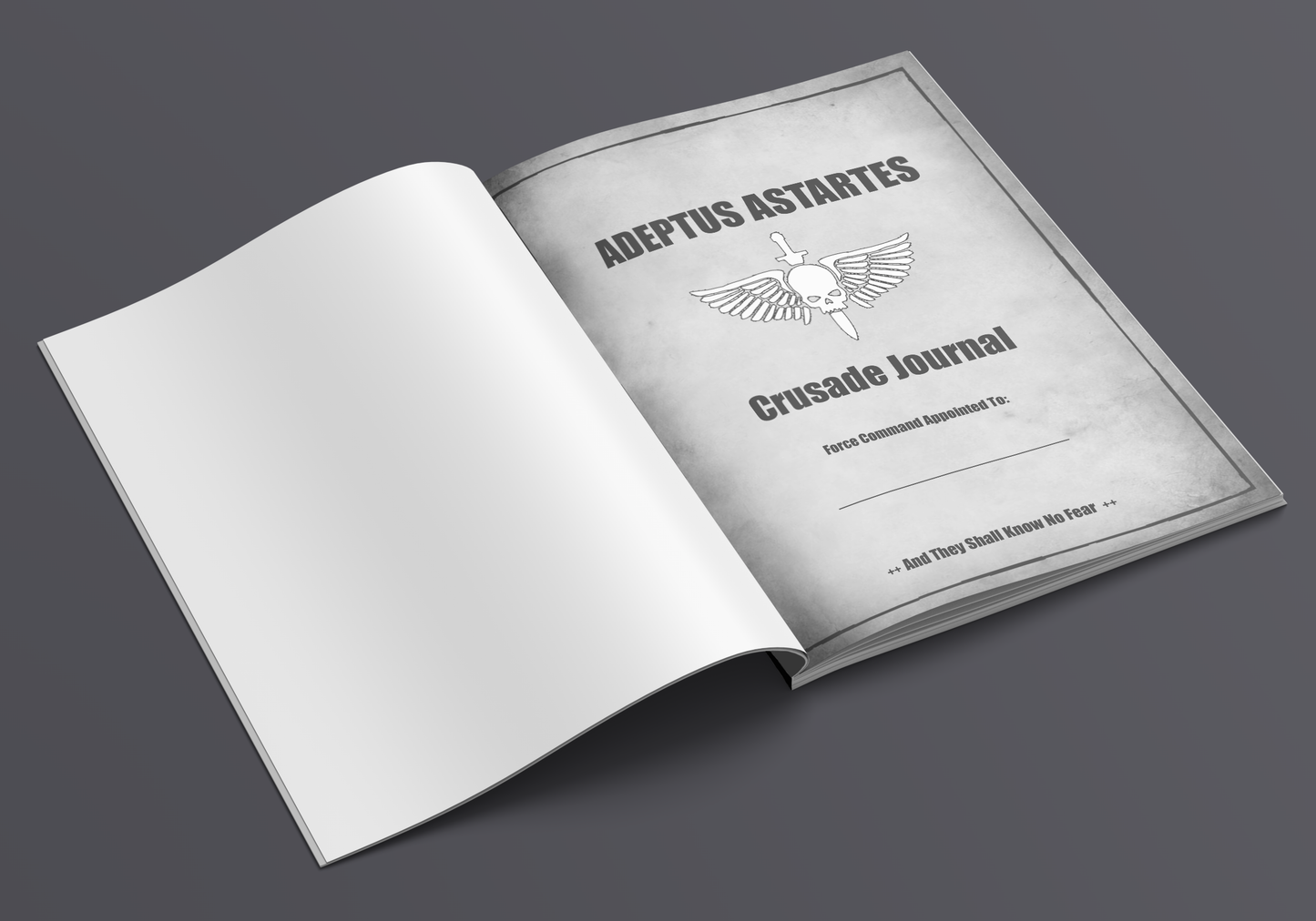 Open book with 'Adeptus Astartes Crusade Journal' on a dark background