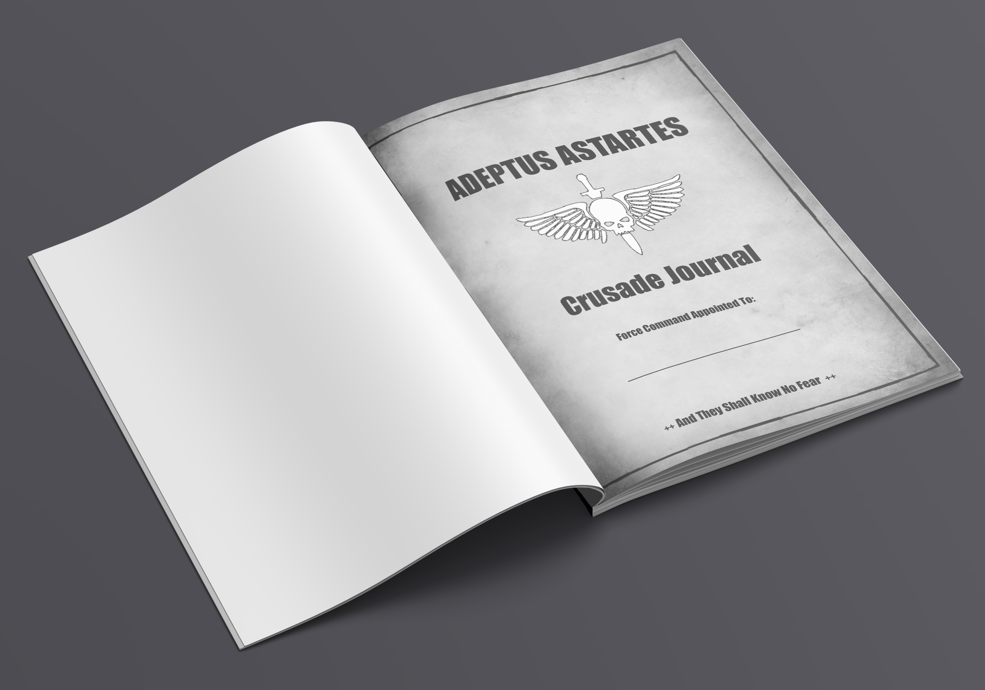Open book with 'Adeptus Astartes Crusade Journal' on a dark background