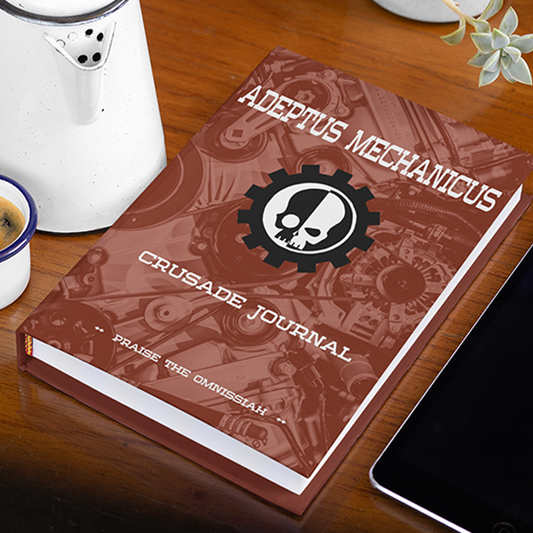 Hardcover version of machine priest themed crusade journal