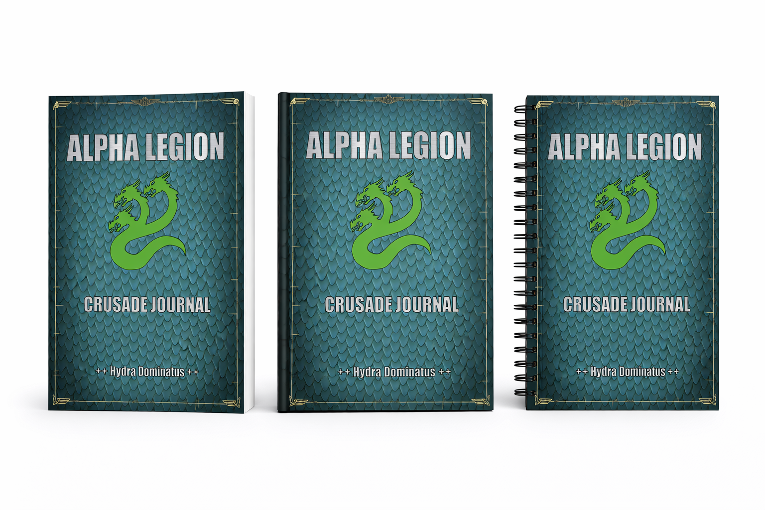 Three 'Alpha Legion Crusade Journal' books with a green dragon logo on a white background