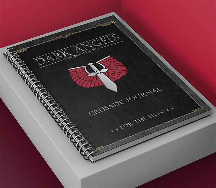 Dark Angels Crusade Journal on a white surface with a red background