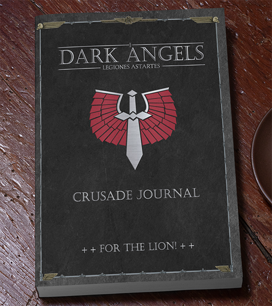Dark Angels Crusade Journal on a wooden surface