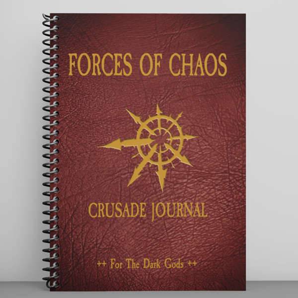 Spiral-bound book titled 'Forces of Chaos Crusade Journal' with a star symbol on a red background.