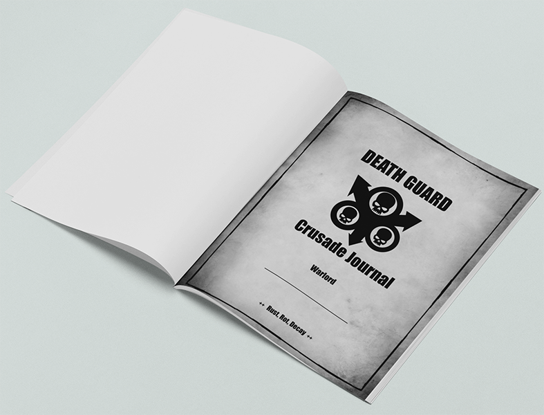Open book with 'Death Guard Crusade Journal' cover on a light gray background
