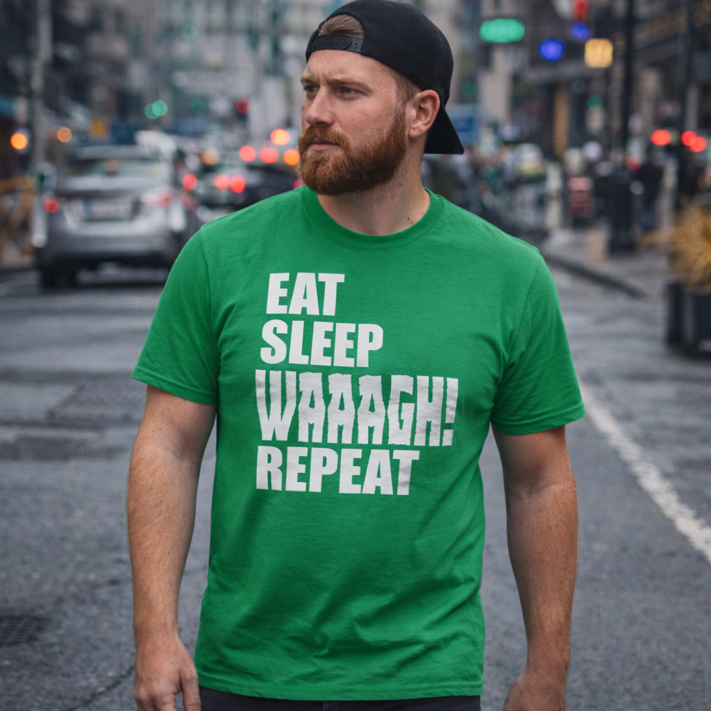 bearded man on a street wearing Eat Sleep Waaagh Repeat Heavy Duty T-shirt