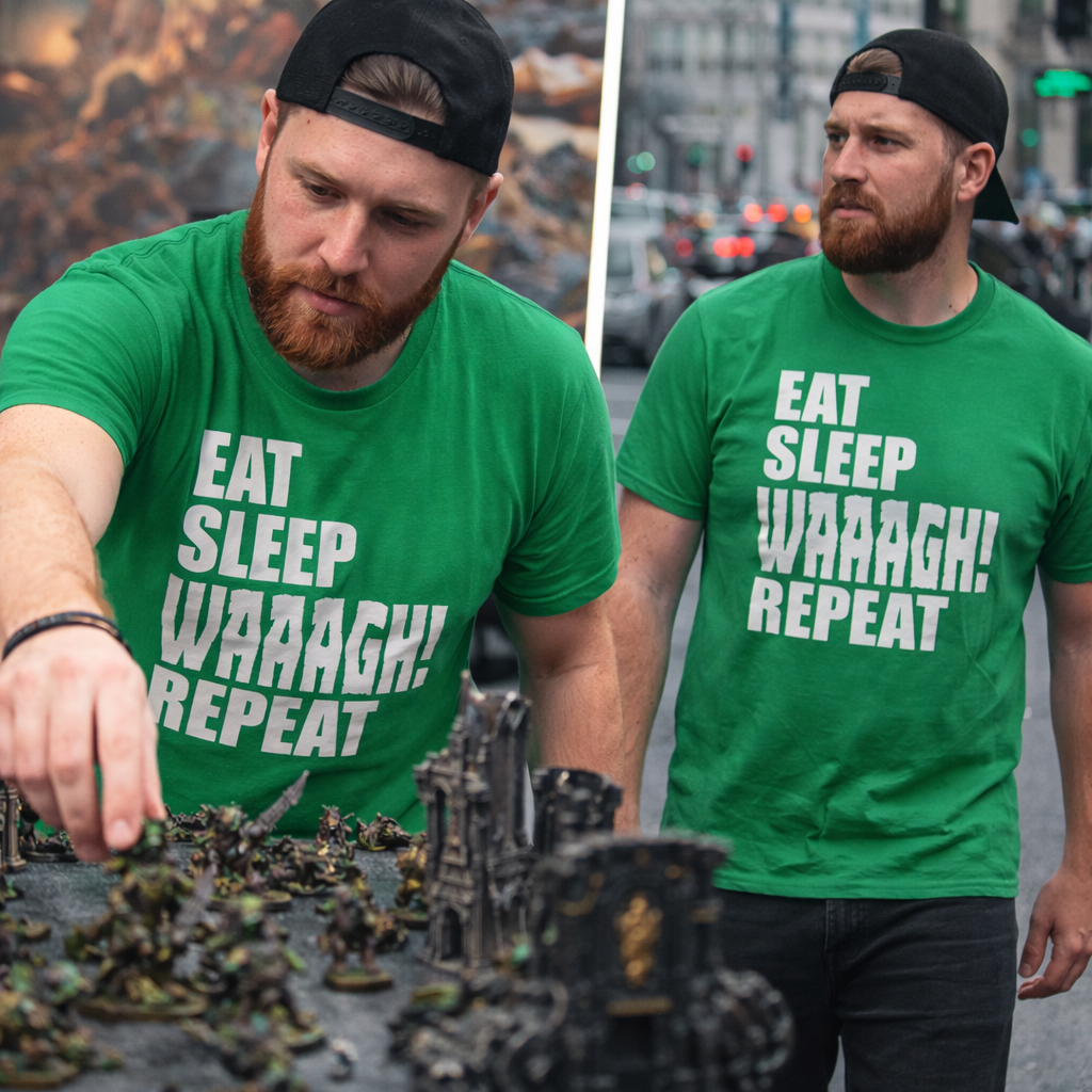 double image young man playing tabletop game wearing Eat Sleep Waagh Repeat Heavy Cotton T-Shirt