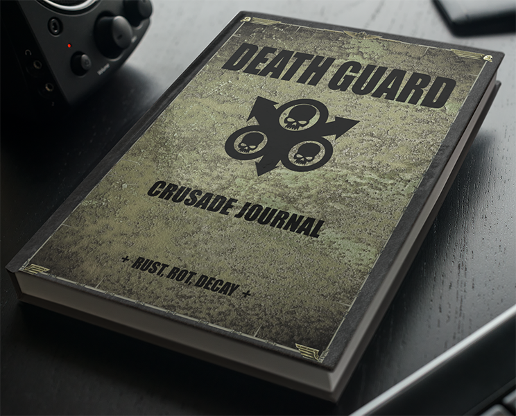 Book titled 'Death Guard Crusade Journal' with a military-themed cover on a dark surface.