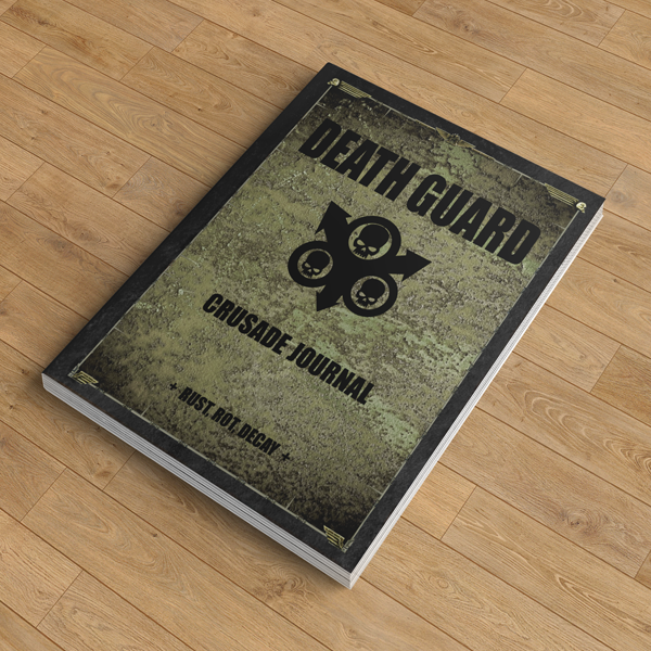 Book titled 'Death Guard Crusade Journal' on a wooden floor
