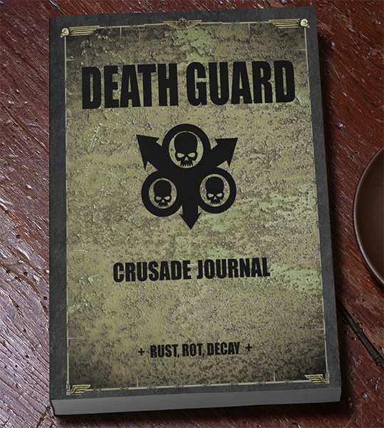 Book titled 'Death Guard Crusade Journal' on a wooden surface