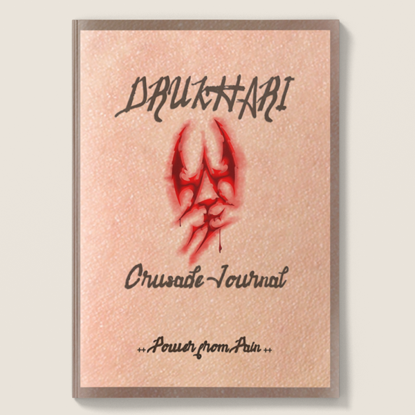 Cover of 'Drukhtari Crusade Journal' with red scarred flesh illustration and text on a beige background